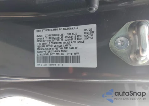 2020 Honda Odyssey Ex-L/Ex-L W/Navi Res z USA, uszkodzony, nr VIN 5FNRL6H77LB051097